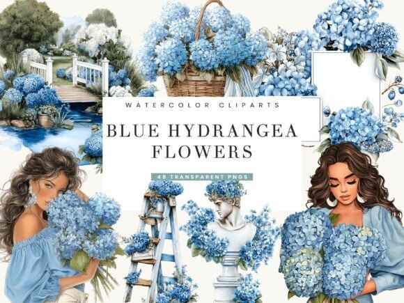 Blue Hydrangea Flowers Clipart: Elevating Design with Watercolor Elegance