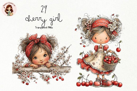 Cherry Girl PNG Clipart Set: Elevate Your Creative Projects with Watercolor Charm
