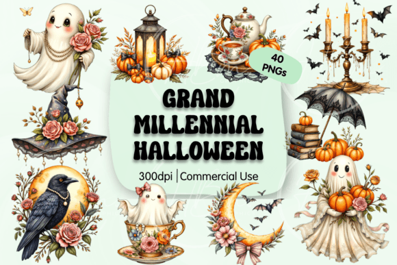 Grandmillennial Halloween Clipart: Blending Vintage Elegance with Spooky Season Charm