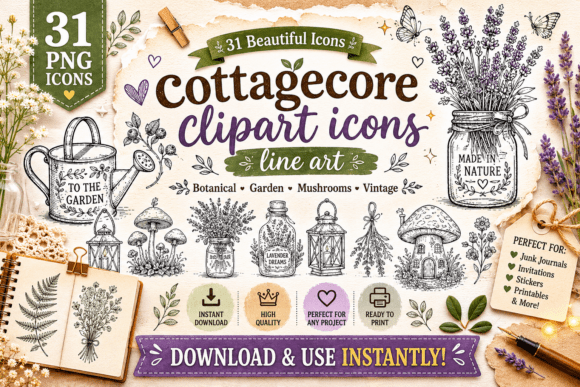 Rustic Cottagecore Line Art Icons PNG: A Guide to Vintage Botanical Digital Assets