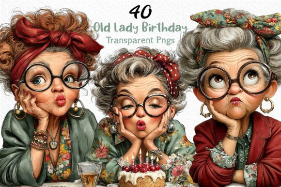 Whimsical Old Lady Birthday Clipart PNG