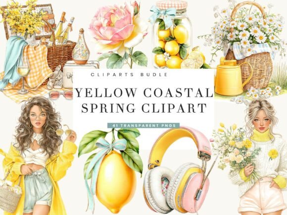 Yellow Coastal Spring Clipart Bundle: Elevating Digital Design with Watercolor Charm
